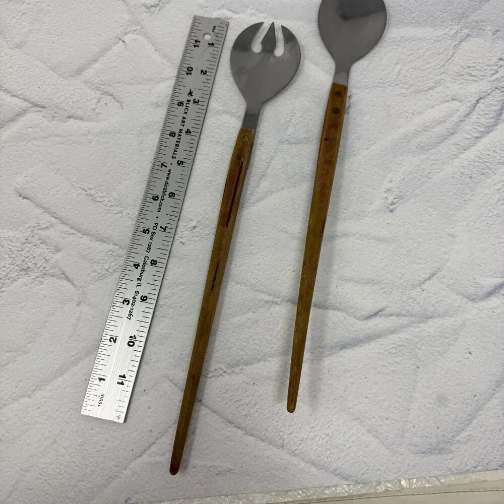 Vtg Arnart Salad Serving Fork Spoon Utensil Teak Wood Handle Stainless Japan MCM